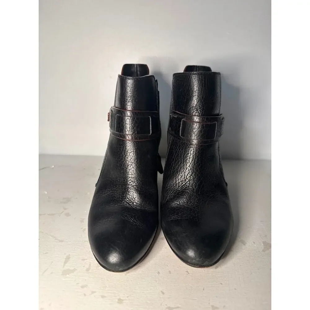 Tory Burch Dorese Black Pebbled Leather Ankle Booties Boots Block Heel Womens 7